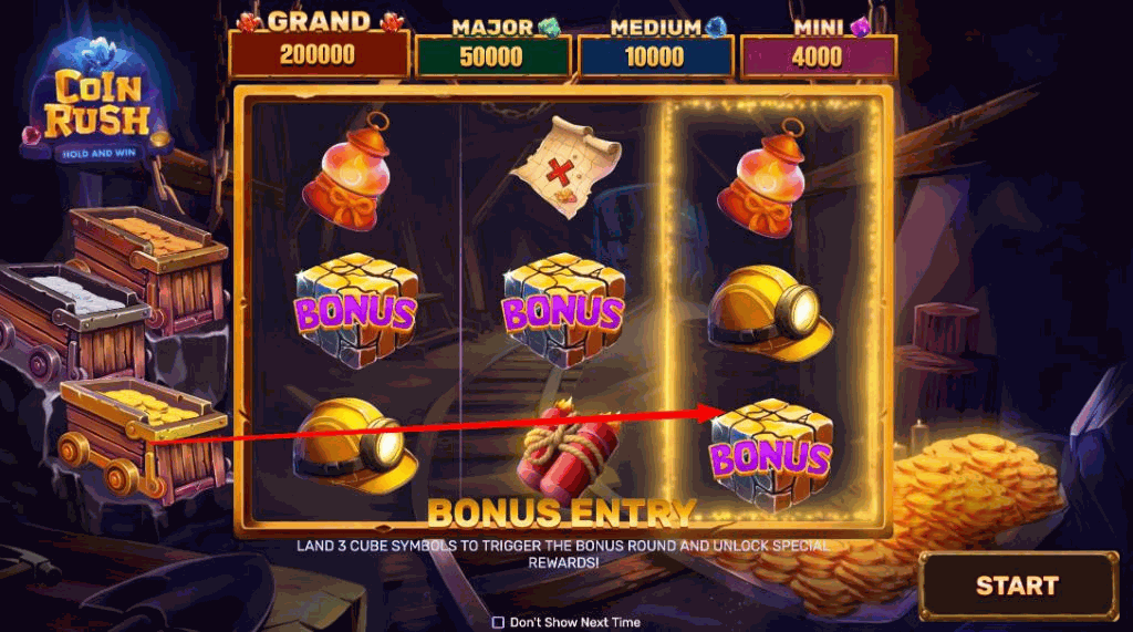 Bonus-round entry screen showing three cube Bonus symbols on the reels
