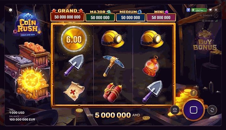 Slot game screen with 3x3 reels and jackpot meters