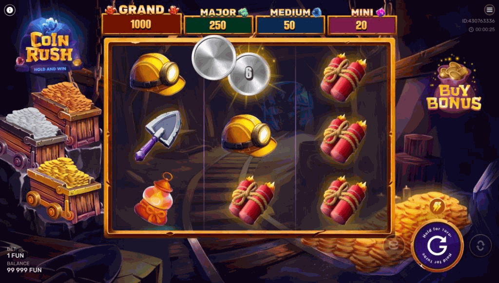 Bonus round with gold coins and an active row-multiplier meter