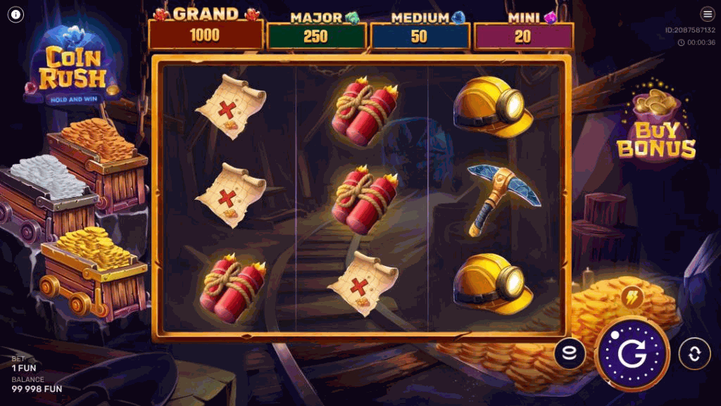 Slot game screen with jackpot panels and mining-themed symbols