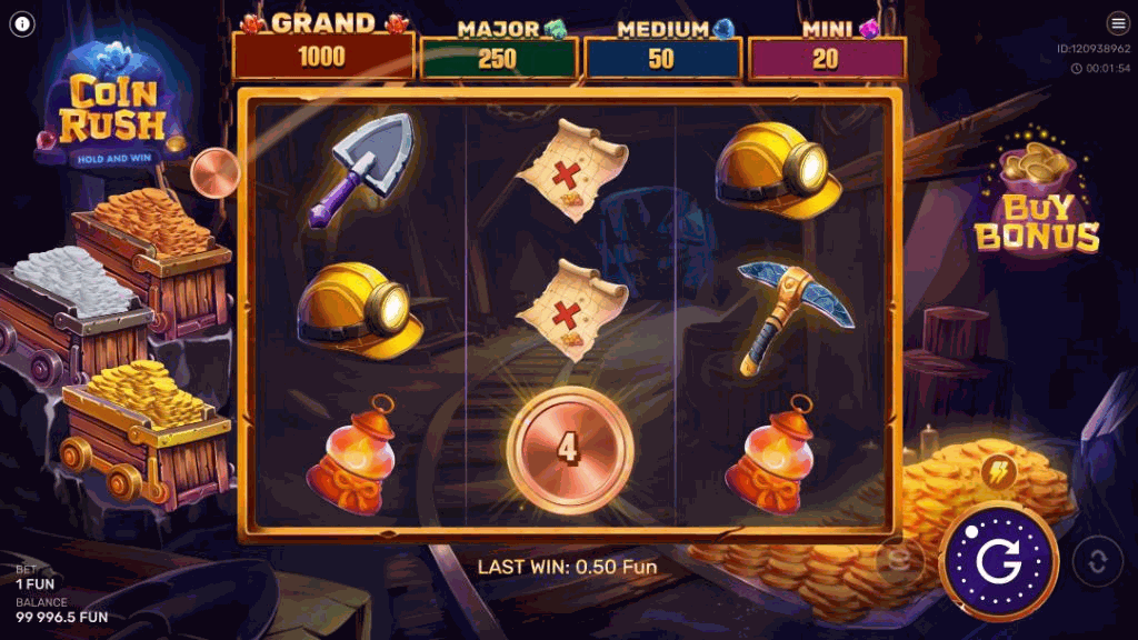 Slot reels with mining symbols: hard hats, pickaxes, dynamite and treasure maps