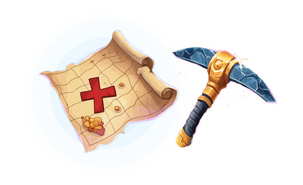 Treasure map and pickaxe — themed symbols of the machine